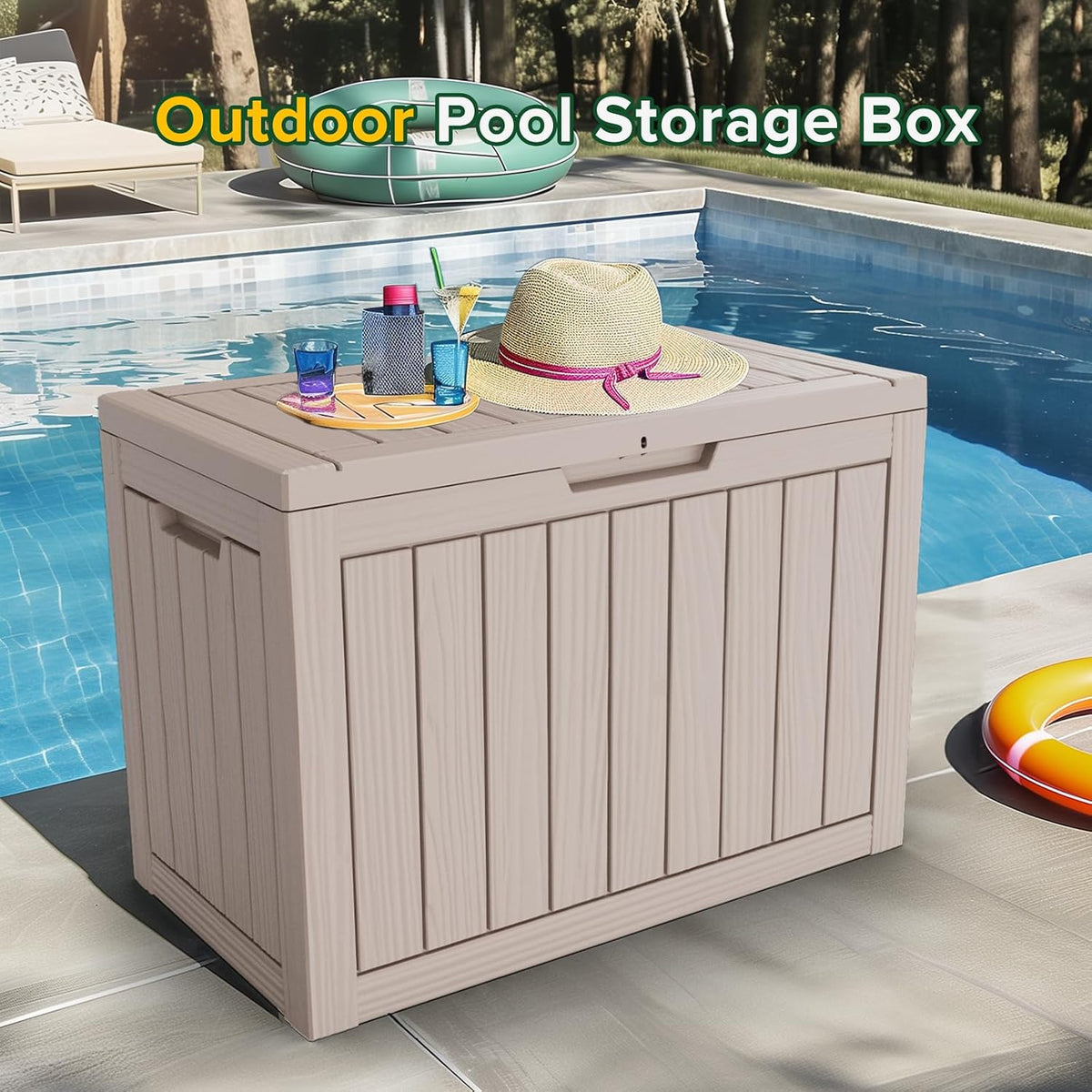 50 gallon outdoor storage box, resin deck boxes showing dimensions
