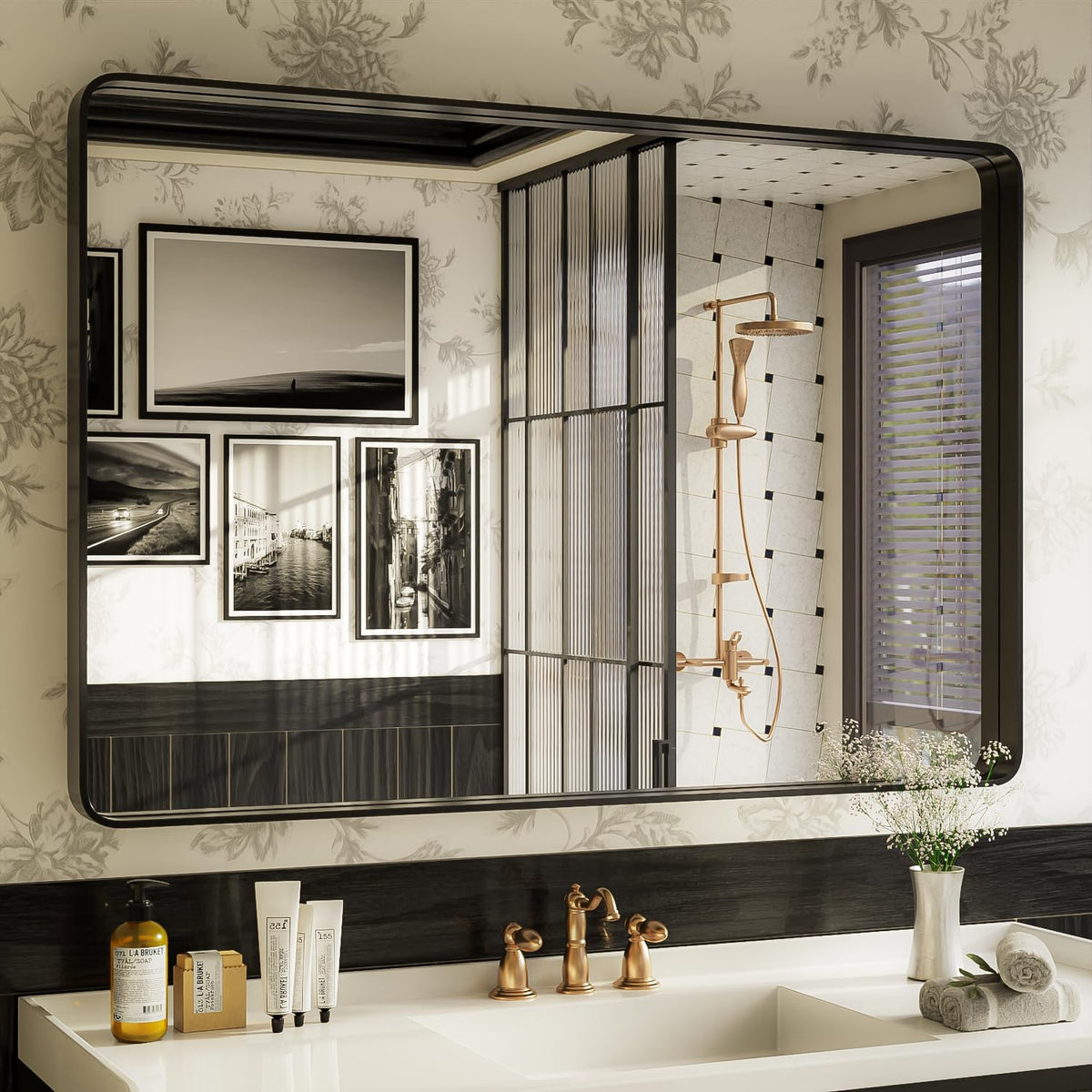 ISKM Black Bathroom Mirror for Wall 48" x 32" Matte Black Framed Vanity Mirror