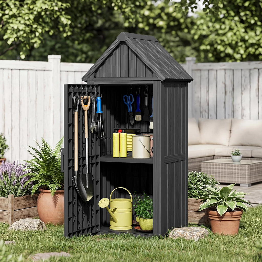 Fancyango Outdoor Resin Storage Cabinet Sturdy All-Weather Shed with Removable Shelves Lock Ring & Reinforced Floor – for Garden Patio Lawn (Black)