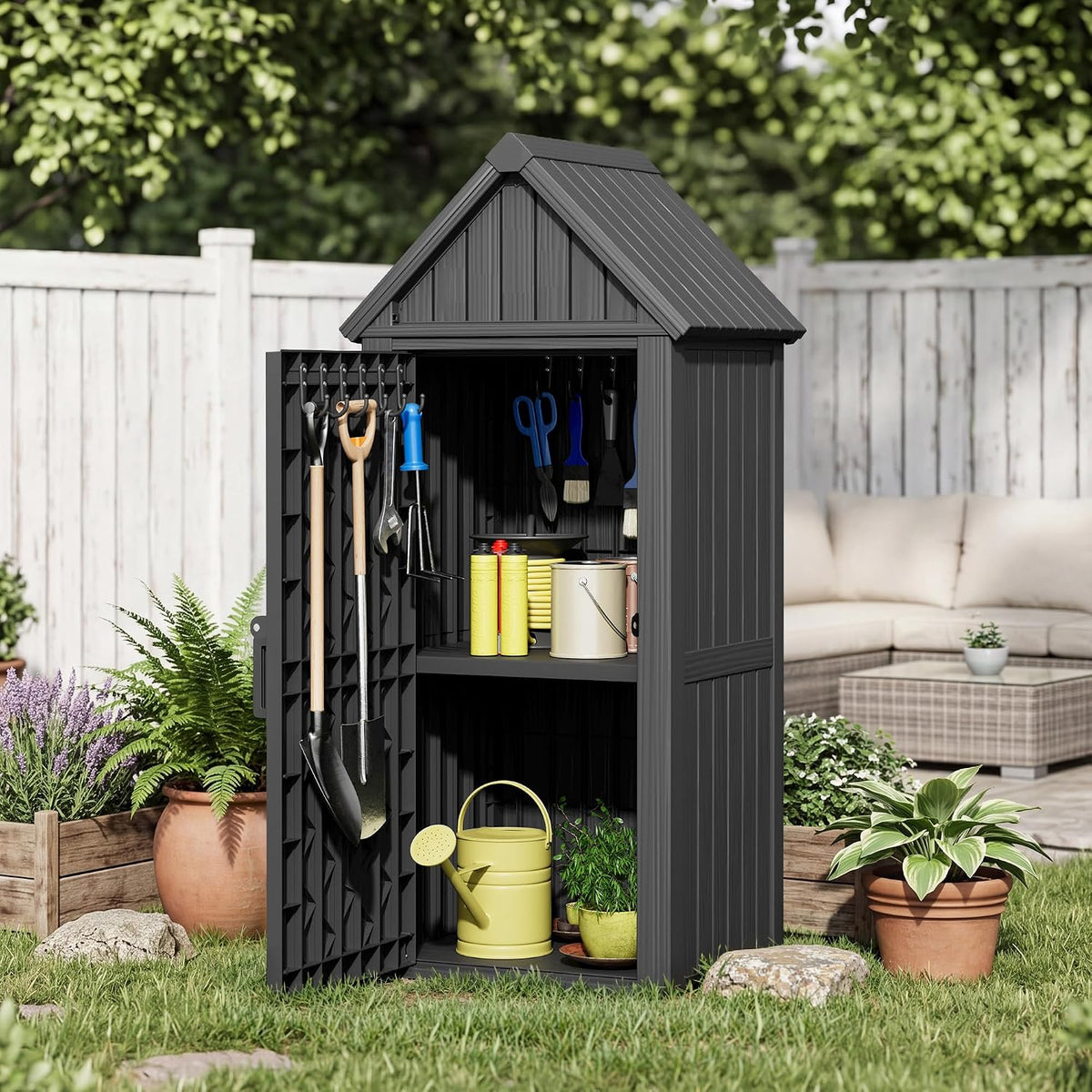 Fancyango Outdoor Resin Storage Cabinet Sturdy All-Weather Shed with Removable Shelves Lock Ring & Reinforced Floor – for Garden Patio Lawn (Black)
