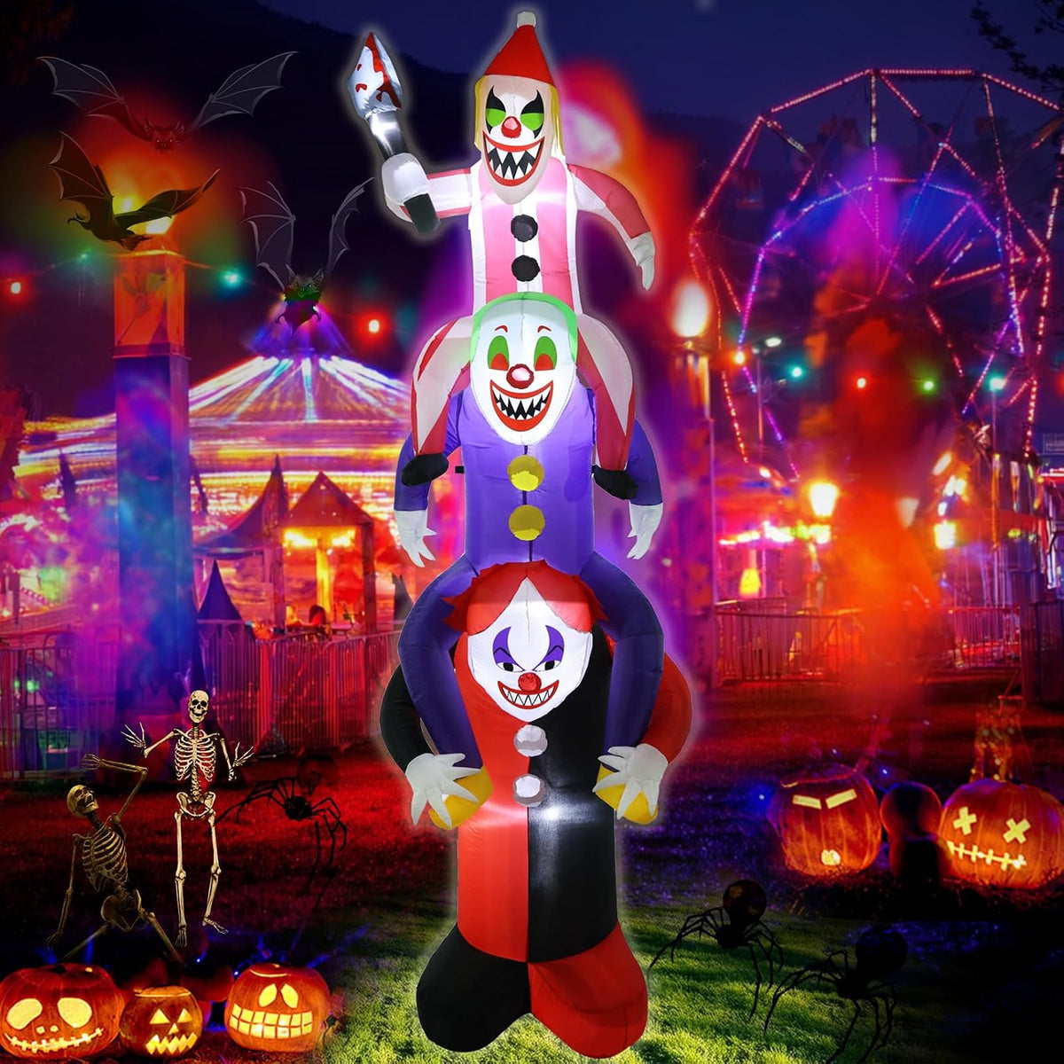 LETIME 8FT Halloween Inflatables 3 Scary Clowns Stacked in Human Ladder