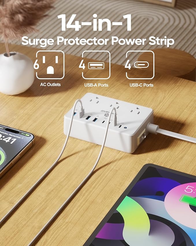 Kakyanill 100W Charging Station, 6 AC Outlets 8 USB Power Strip