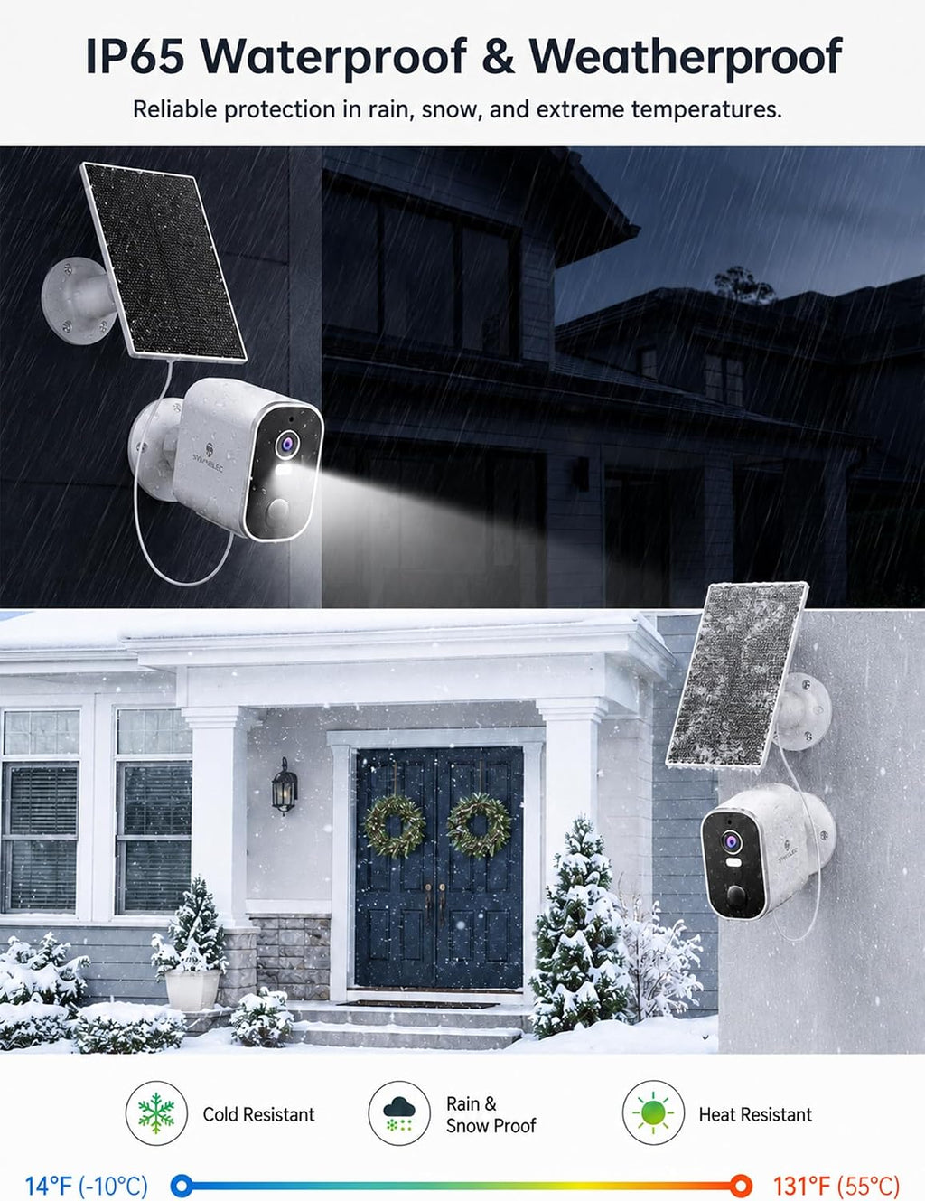 symynelec 2k solar security cameras wireless outdoor, 2-pack showing dimensions