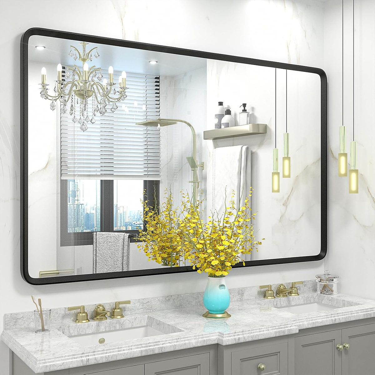 48x30 Black Bathroom Mirror, Rounded Rectangle Mirror, Shatterproof