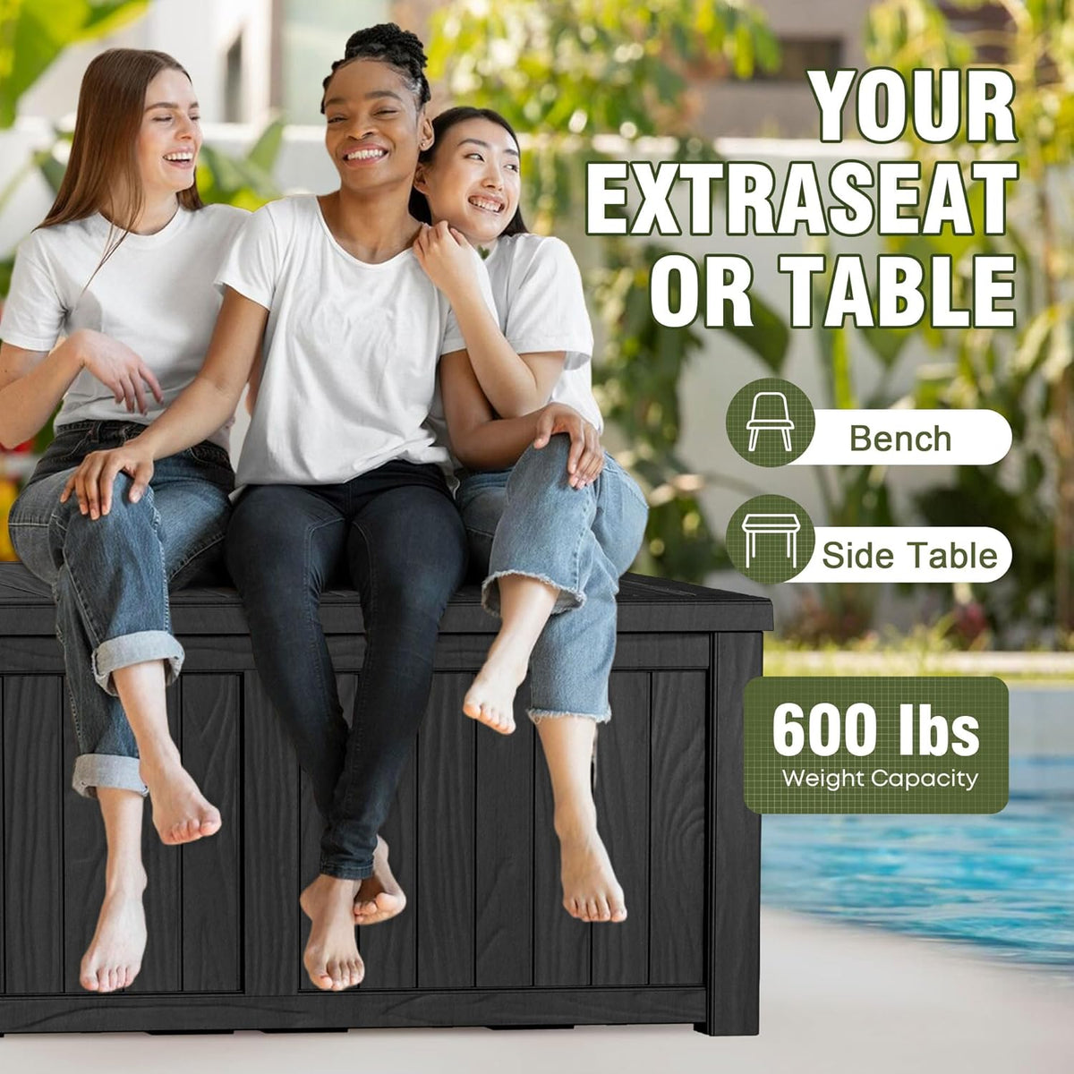 150 gallon outdoor deck box, lockable waterproof outdoor shown in use
