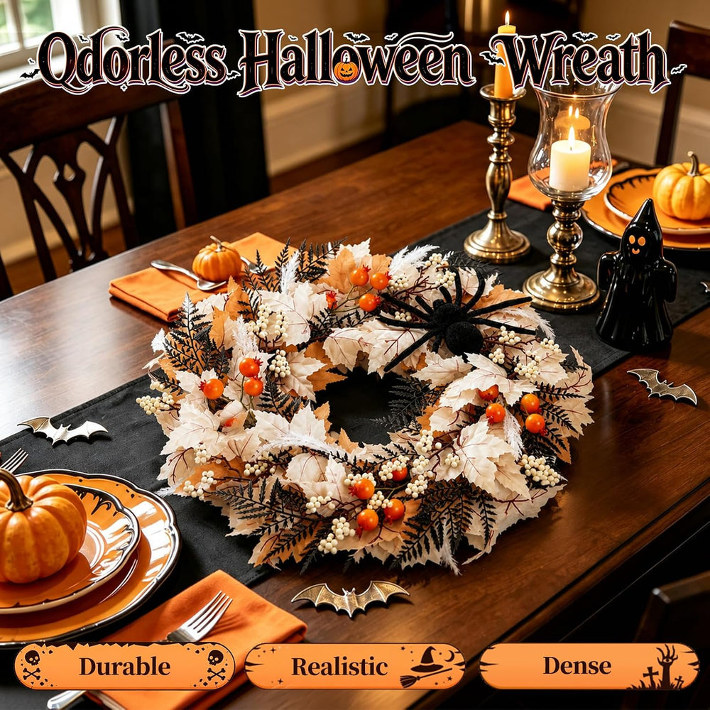 Grooy 22 Inch Halloween Wreath for Front Door with Spider Maple Leaf