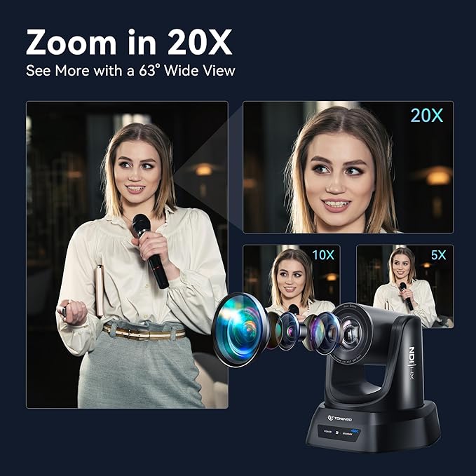 TONGVEO 4K NDI PTZ Camera AI Auto-Tracking 20X Optical Zoom HDMI IP Live