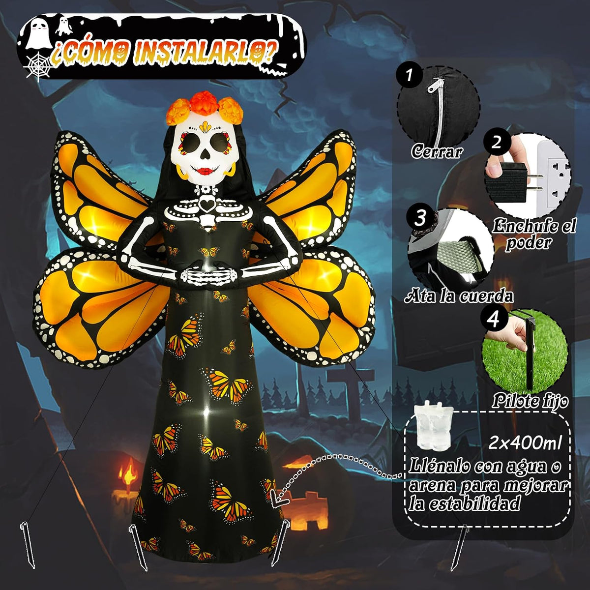 Dia de Los Muertos Decoration, 6 FT Halloween Inflatables Décor Day of The Dead Spooky Sugar Skull Butterfly Wings, Halloween Blow up Yard Decorations with Built-in LED for Altar Garden, Lawn