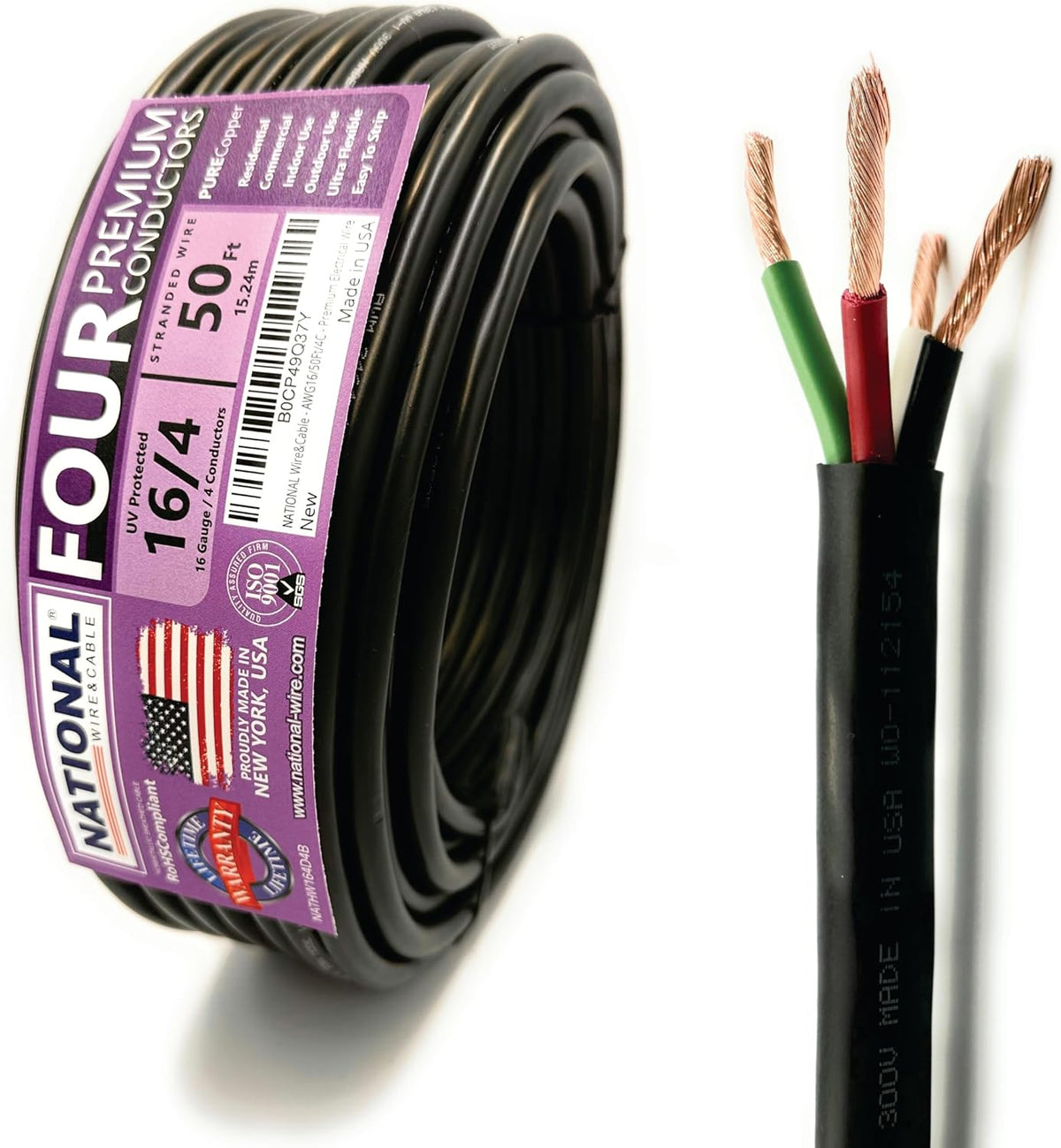 NATIONAL Wire & Cable – 16 AWG 4-Conductor Premium Copper Wire, 50 ft, Stranded