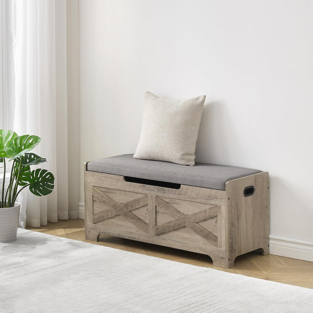 idealhouse 39.4" storage bench with 2 safety hinges, front angle view