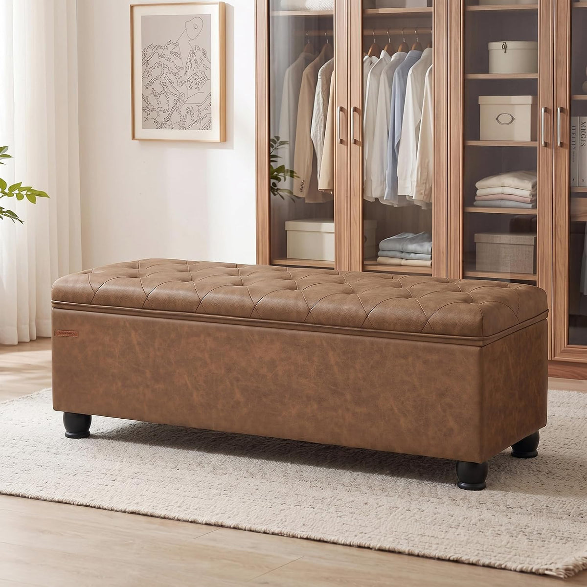 SONGMICS Storage Ottoman, 46.5 Inches Long Bed End Stool, Solid Wood Legs