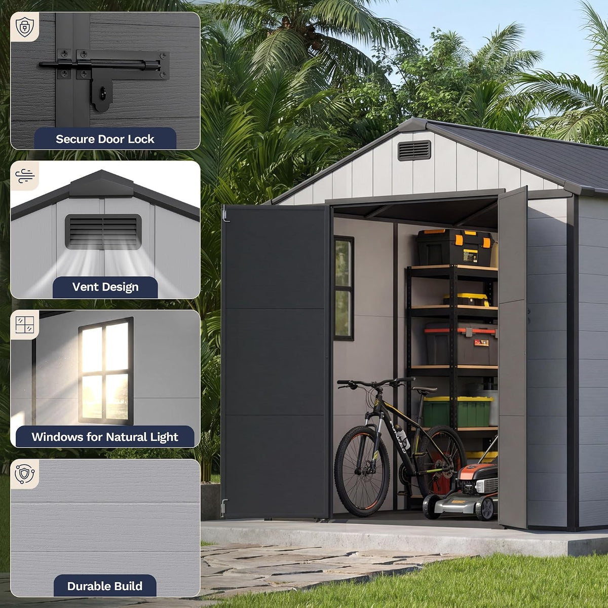 greesum 8x8ft resin outdoor storage shed with floor shown in use