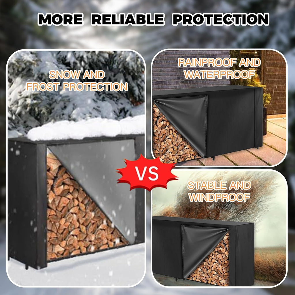 8ft firewood rack cover with zipper & adhesive, side view