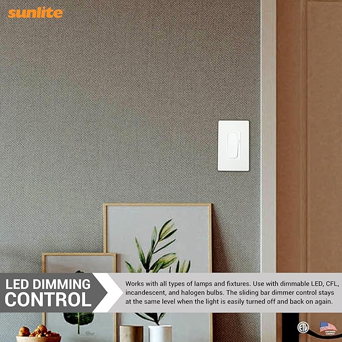 Sunlite LED Wall Rocker Style, Slide Bar Triac Dimmer Switch, Screwless Wall (4 Pack)