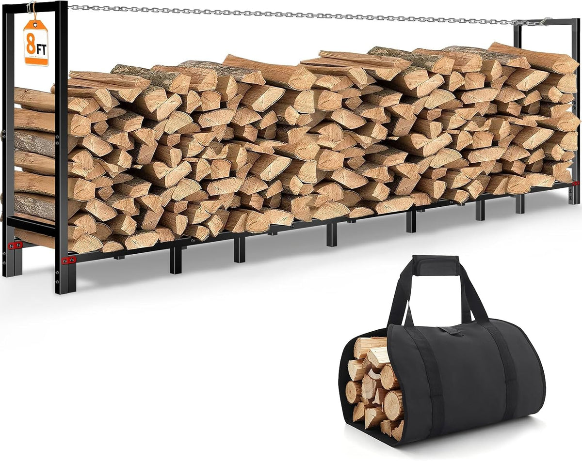 8FT Firewood Rack Outdoor with Log Carrier, Firewood Log Rack Holder with Reinforced Chain Bumper for Fireplace Wood Storage, Heavy Duty Metal Pile Log Stand Stacker Holder for Indoor Outdoor Patio
