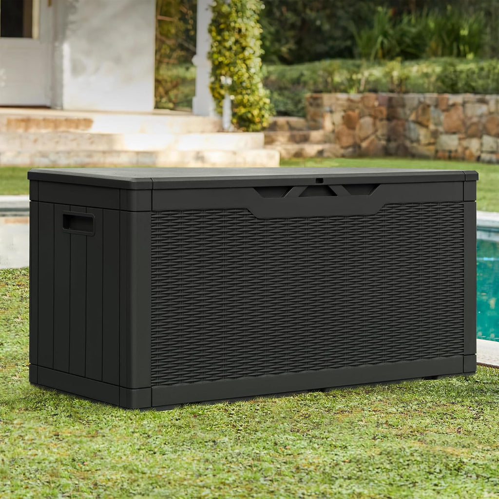 greesum 100 gallon resin patio storage box for shown in use