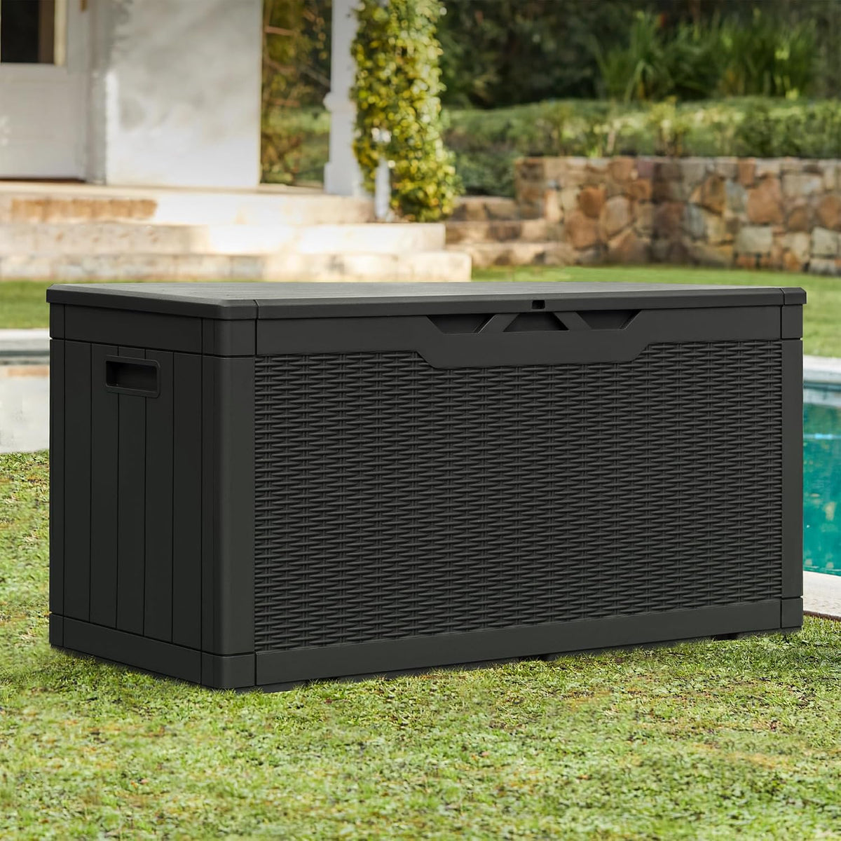 greesum 100 gallon resin patio storage box for shown in use