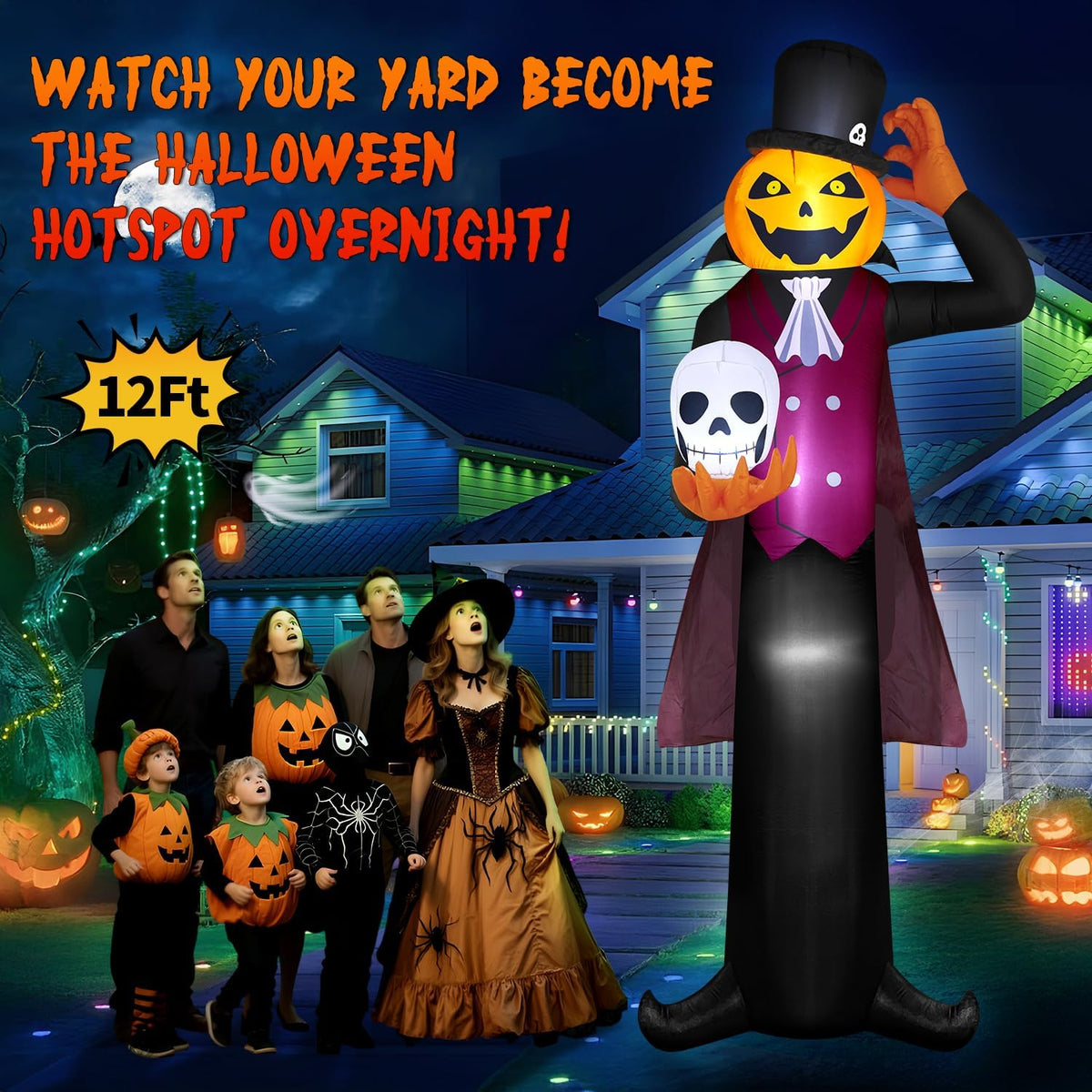 12FT Giant Halloween Inflatables Pumpkin Ghost Vampire, Halloween Decorations Outdoor Spooky Blow Ups Yard Decoration Large Huge Creepy Blowups Built-in Full-Body LEDs for Holiday Party Lawn