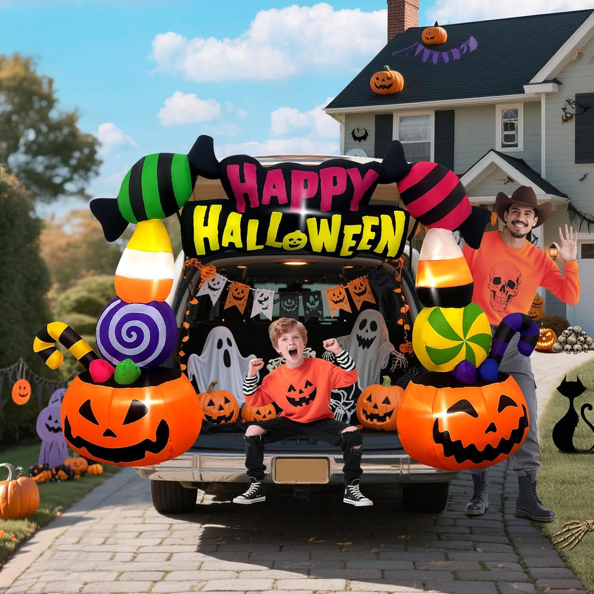 Kalolary 6FT Height Halloween Inflatables Trunk or Treat Car Decorations, Candy Pumpkin Arch Blow up Decorations with Built-in LED Lights Up for Halloween Party Lawn Yard SUV Car Luggage Decor