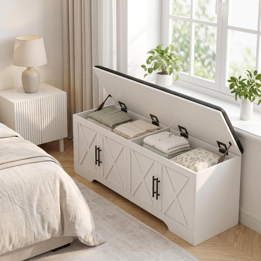 DreamDashio Storage Bench with Cushion, 47.2" End of Bed Storage Bench with Lift Top, Window Bench Seat with Storage for Bedroom, Mudroom, Entryway, Living Room & Hallway, White