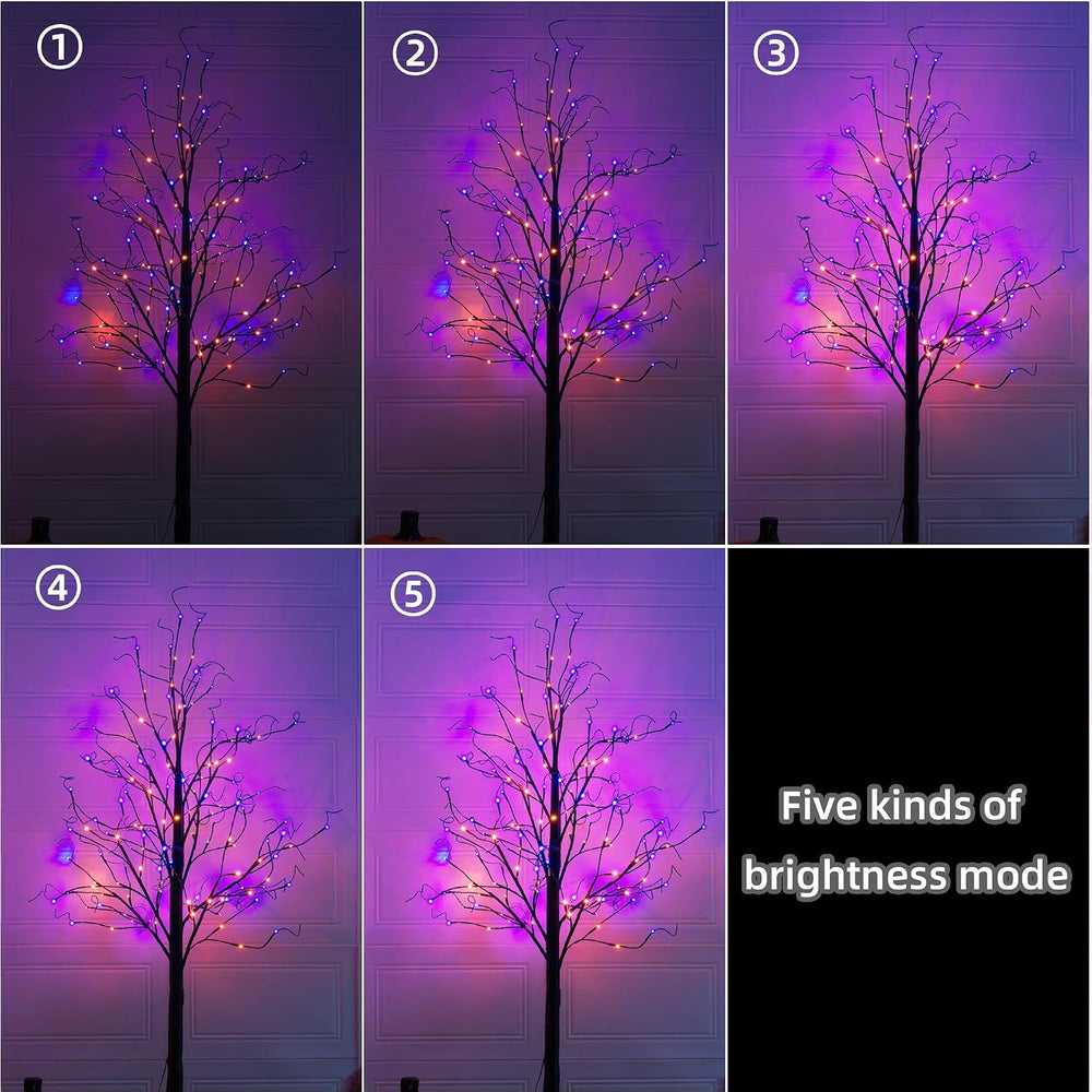 TW SHINE 6FT Halloween Lighted Black Birch Tree, 144 LED Purple and Orange Li...