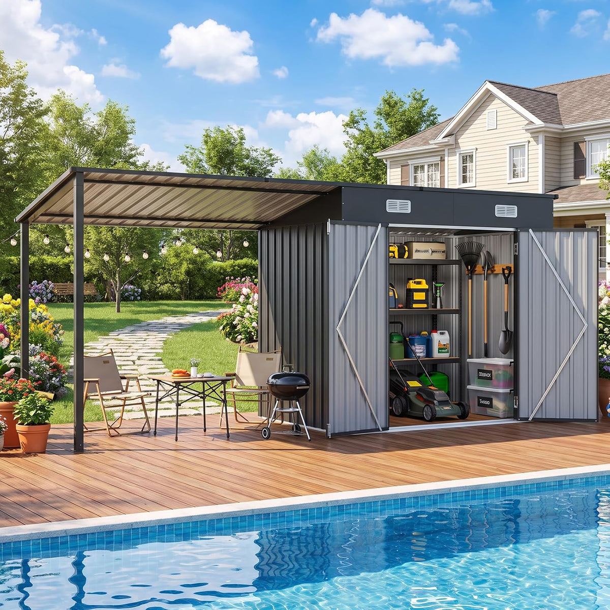 Aoxun 12'x3.5' Outdoor Storage Shed & Hardtop Gazebo Combo Black
