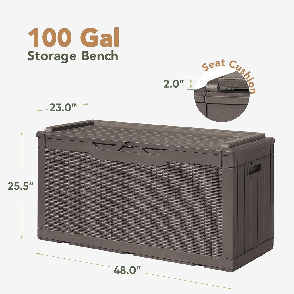 flamaker 105 gallon deck box waterproof, outdoor storage showing dimensions