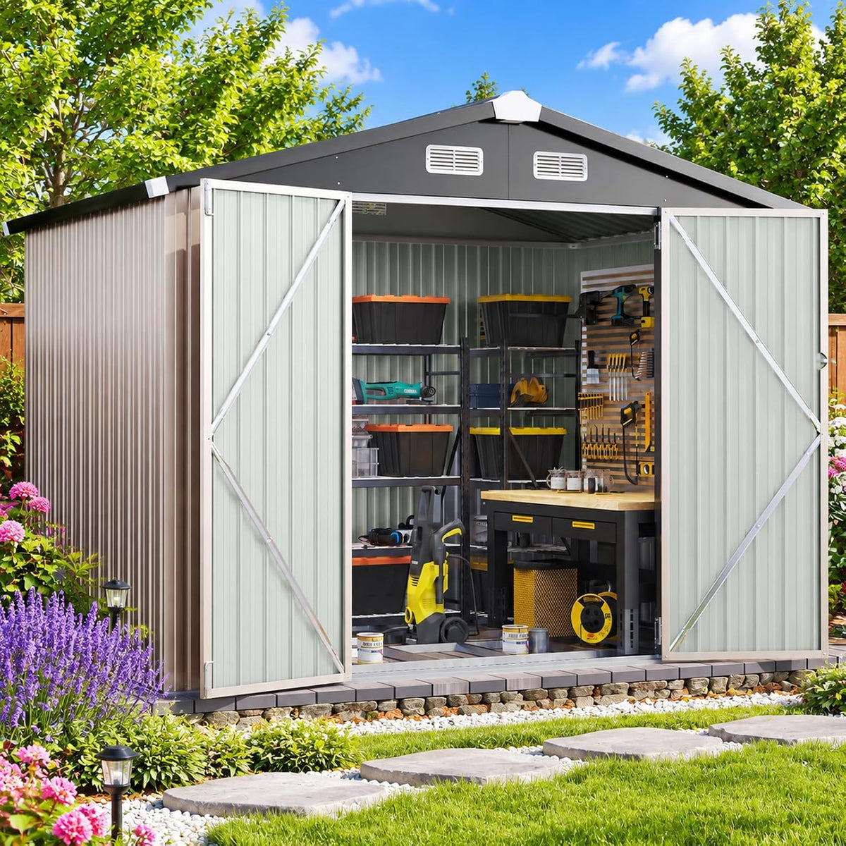 Aoxun 8x6 FT Metal Outdoor Steel Shed w/Base Brown