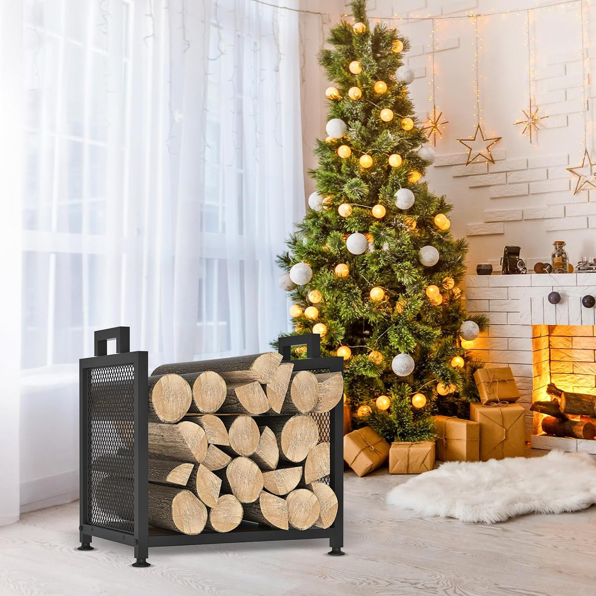 vygrow firewood rack for indoor, heavy duty fire, side view