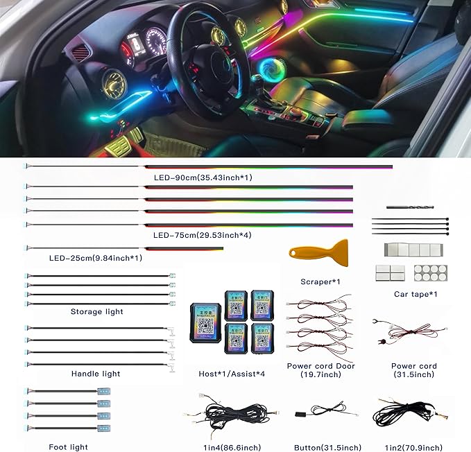 Acrylic Interior Car LED Strip Lights, Colorful 18-in-1 Car Ambient Lighting Kit