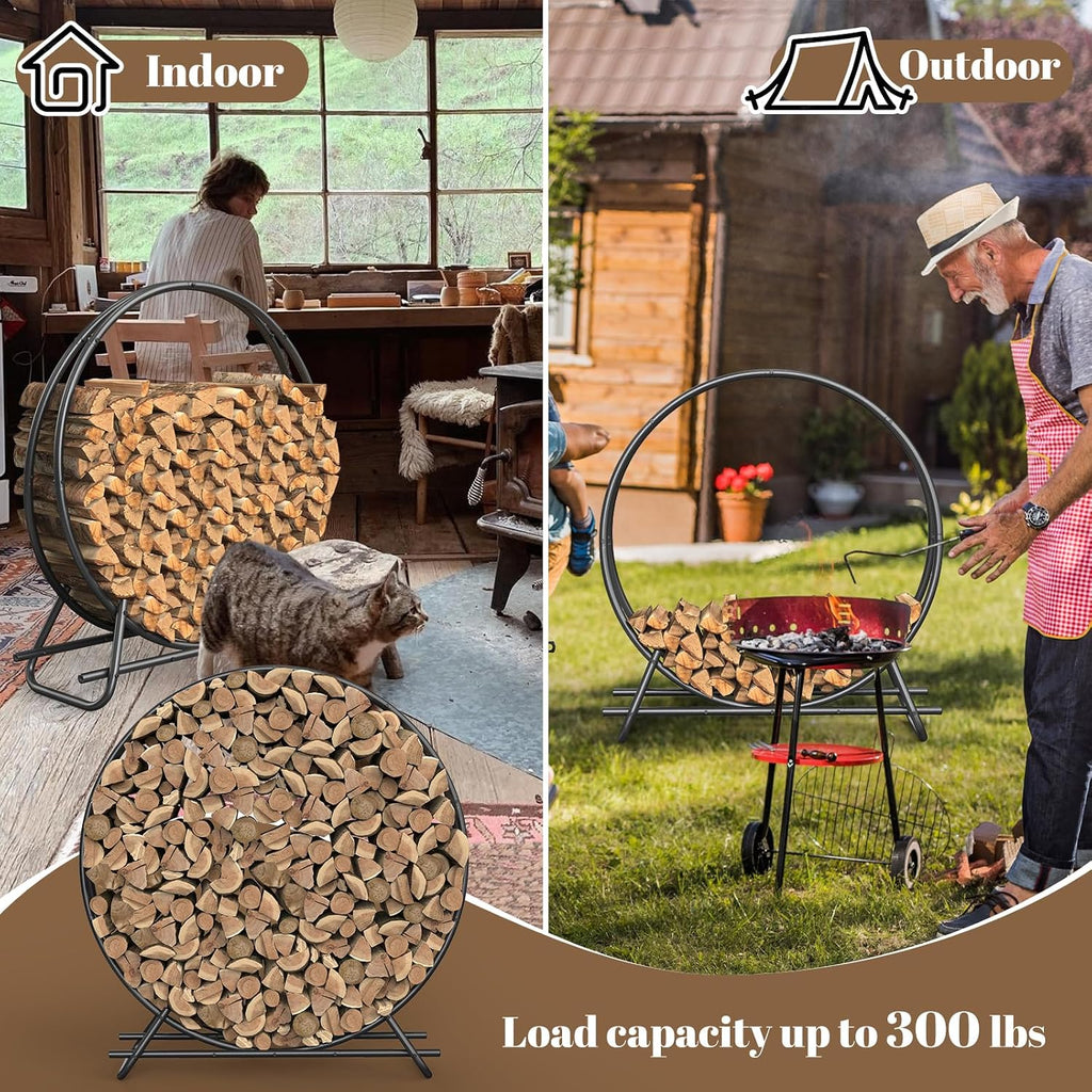 48 in firewood circle rack-metal pipe ring firewood shown in use
