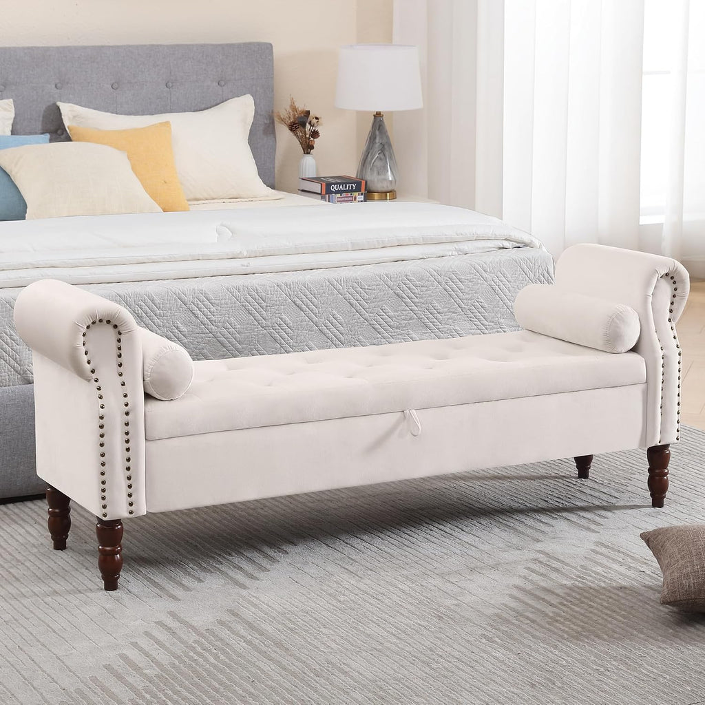 67" End of Bed Storage Bench King Size, Storage Bench for Bedroom, Velvet Bed Bench with Storage Upholstered Tufted Storage Ottoman Bench with Arms for Bedroom, Living Room, Entryway, Beige
