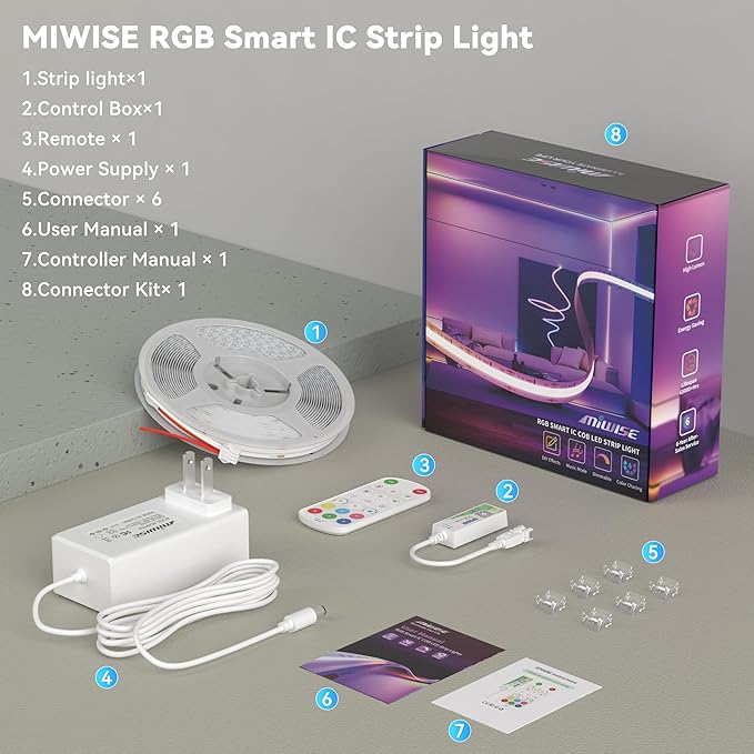 MIWISE COB LED Strip Light, RGB Smart IC COB LED Strip Lights Music Sync