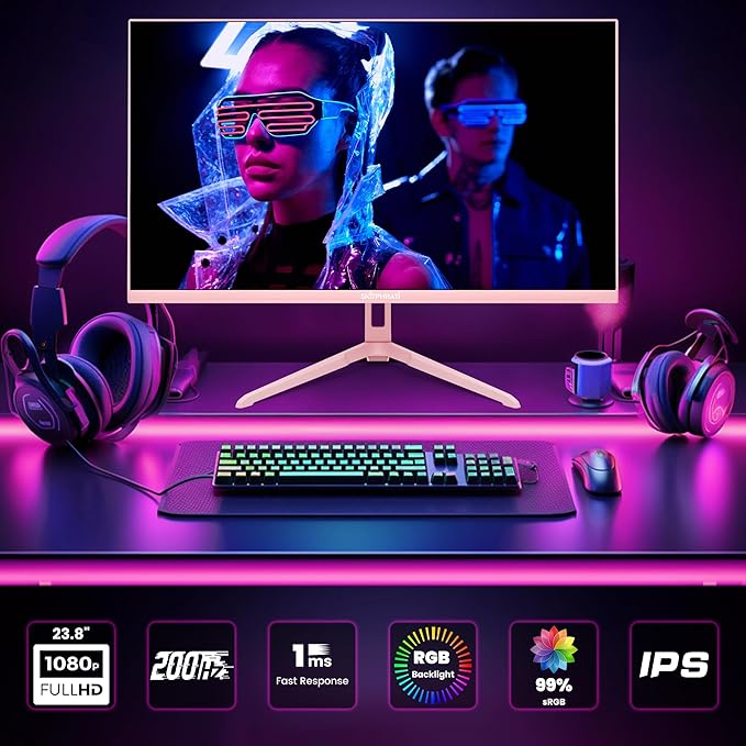 SKitphrati Pink 24 inch Gaming Monitor 200Hz Refresh Rate FHD 1080p Resolution