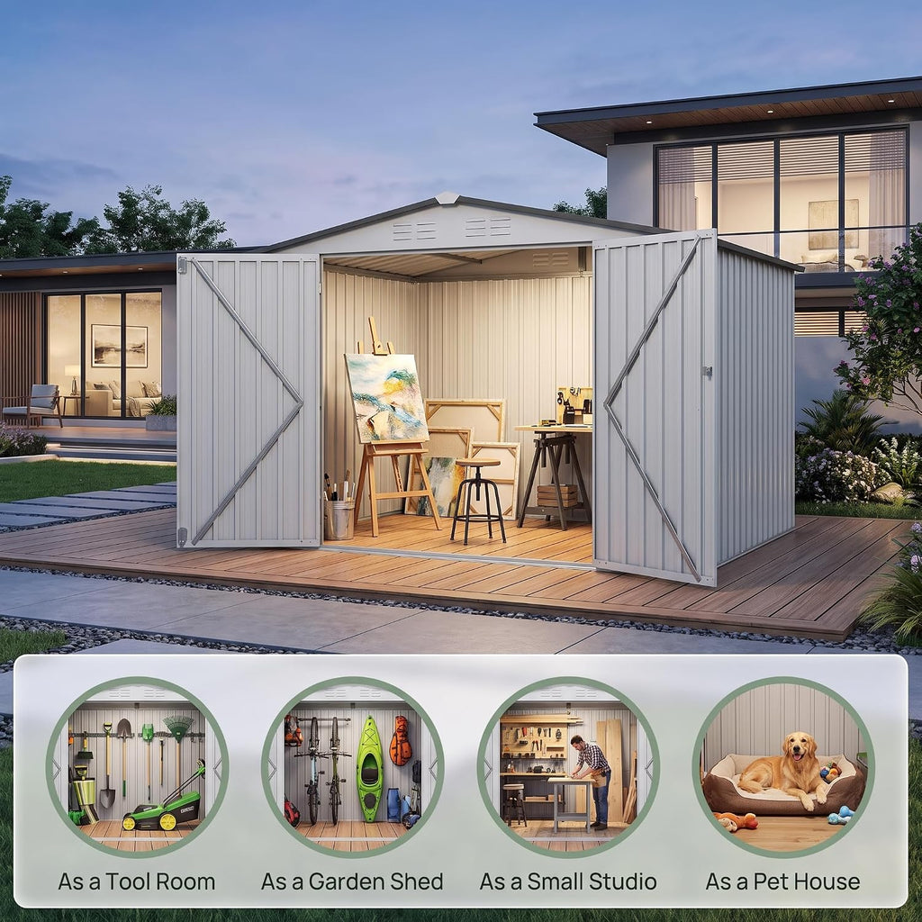 8x6 ft outdoor storage shed, metal garden shed showing dimensions