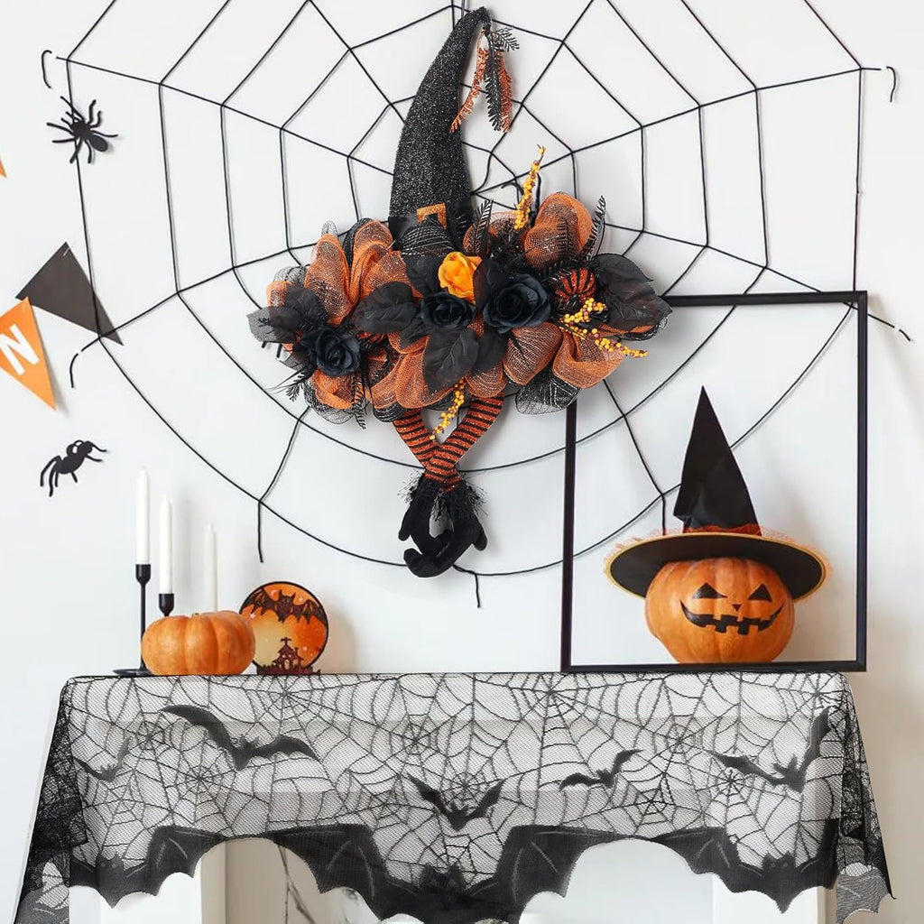 Halloween Wreath for Front Door, Witch Hat & Spiderweb Mantel Scarf Set