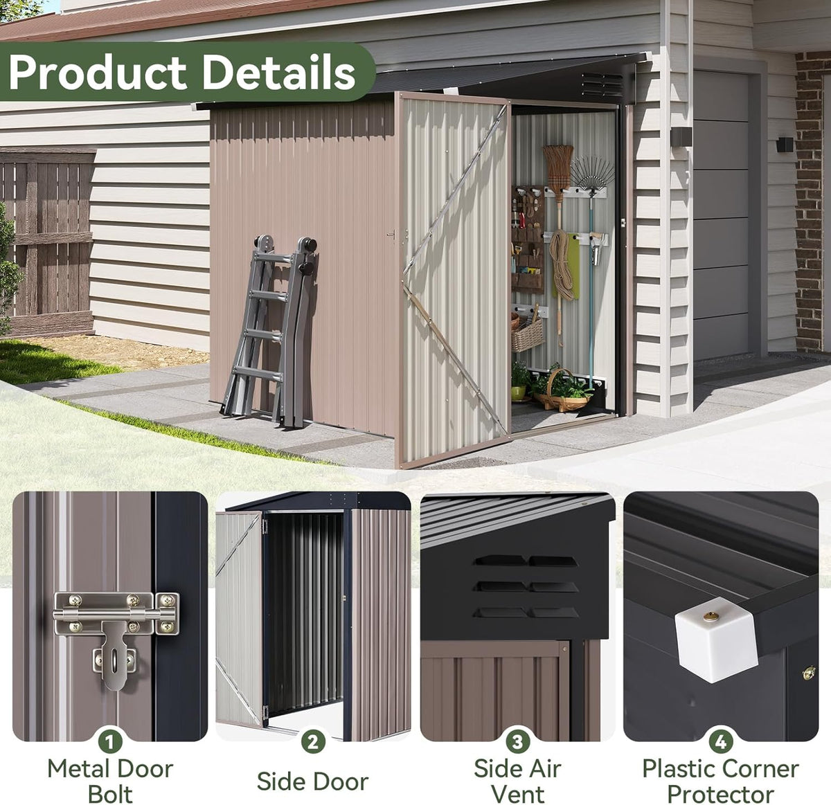 aoxun 4x6 ft lean to shed for backyard,brown showing dimensions