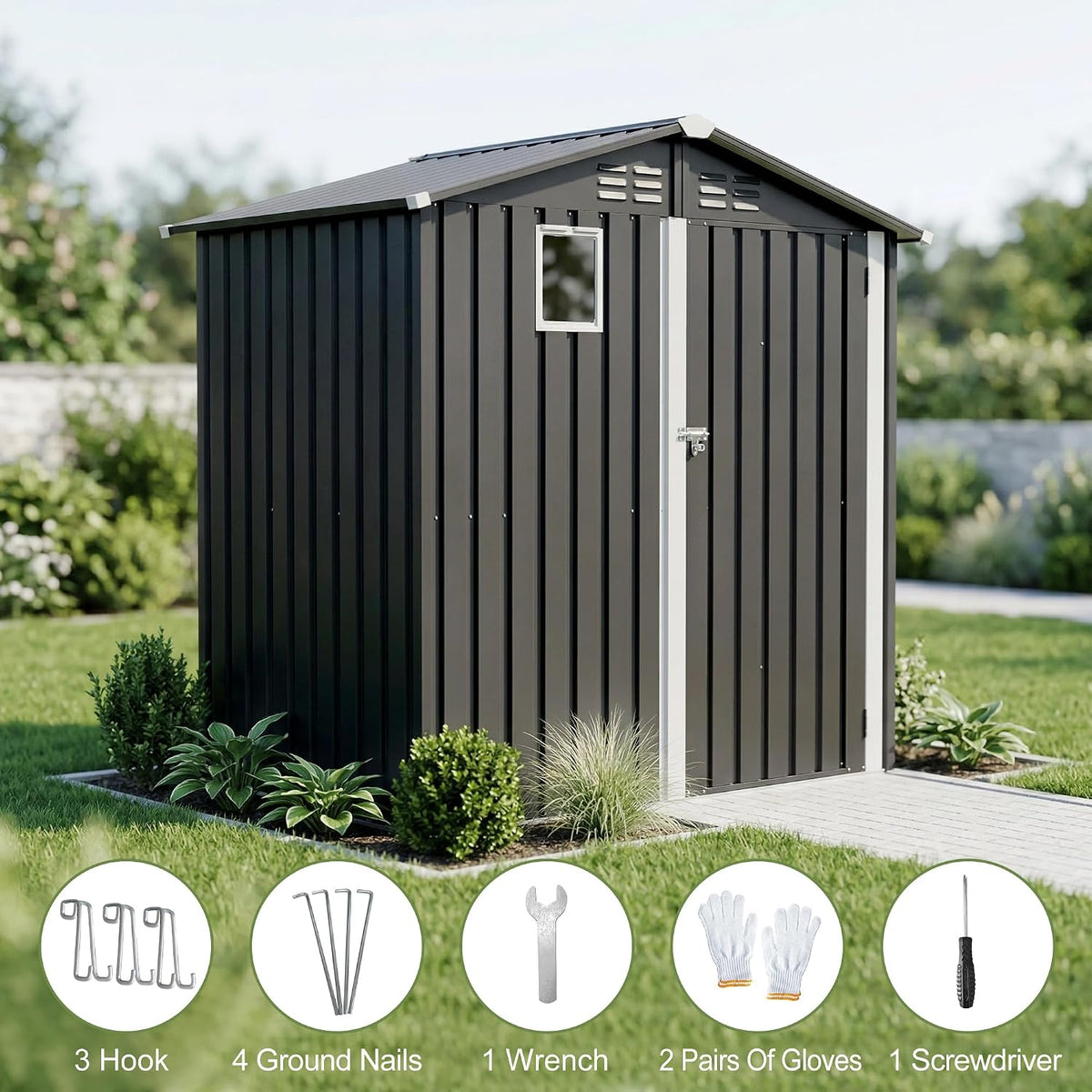 outdoor metal storage shed 6x4 ft,gray lockable storage on a desk or shelf