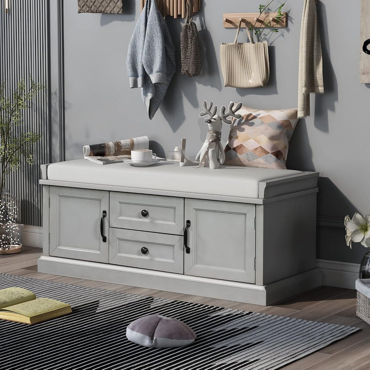 Knocbel 42.5" Storage Bench with Removable Cushion, 2 Drawers and 2 Cabinets, Entryway Hallway Foyer Shoe Bench Bedroom End of Bed Bench (Gray Wash)
