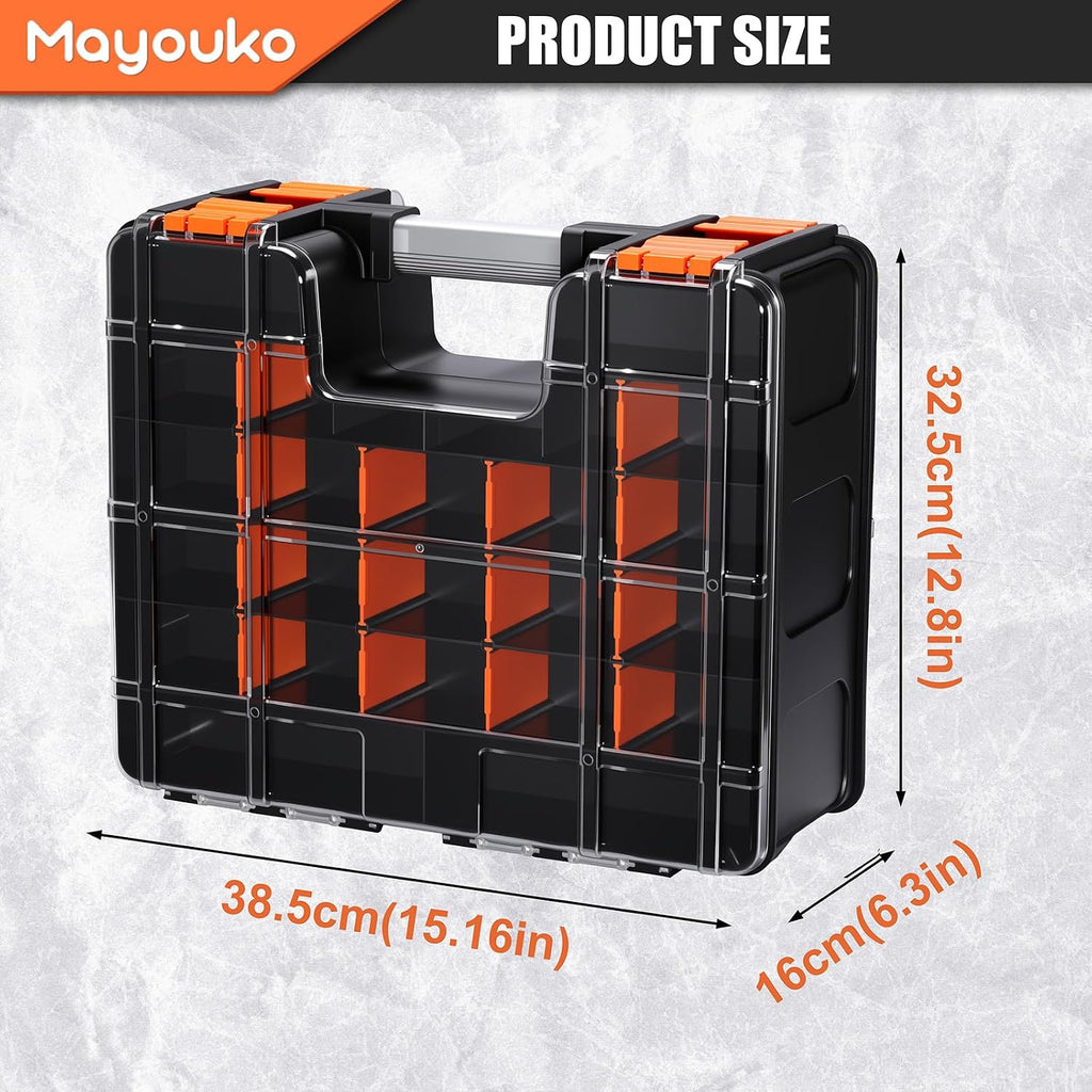 Mayouko Double Side Tool Box with Transparent Lid, 8 Movable Small Trays & Removable Dividers, Multi-Function Small Parts Organizer, for Hardware, Screws, Bricks, Nails, Jewelry and Fishing Tackle
