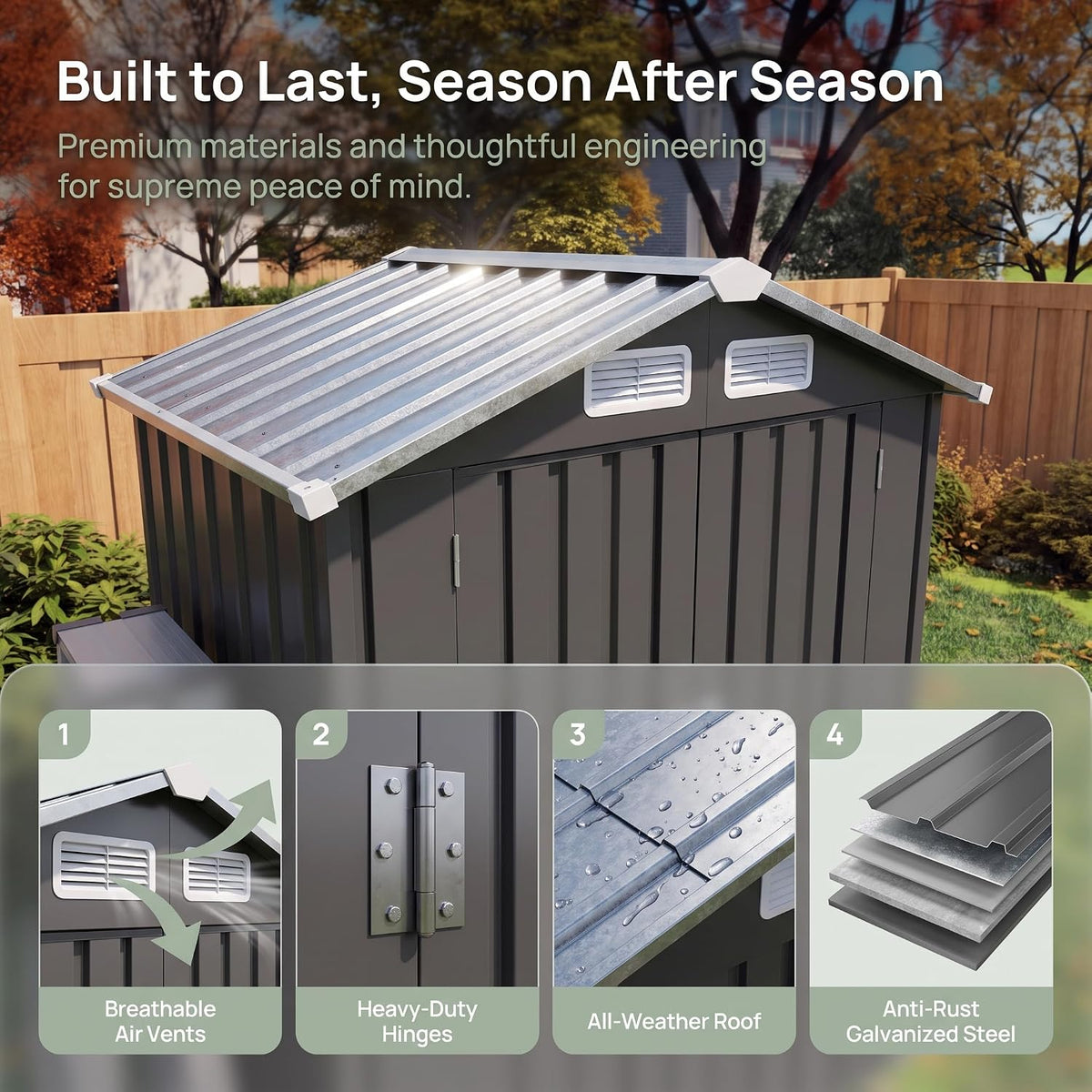 5x3 ft outdoor storage shed, metal tool shed, close-up detail