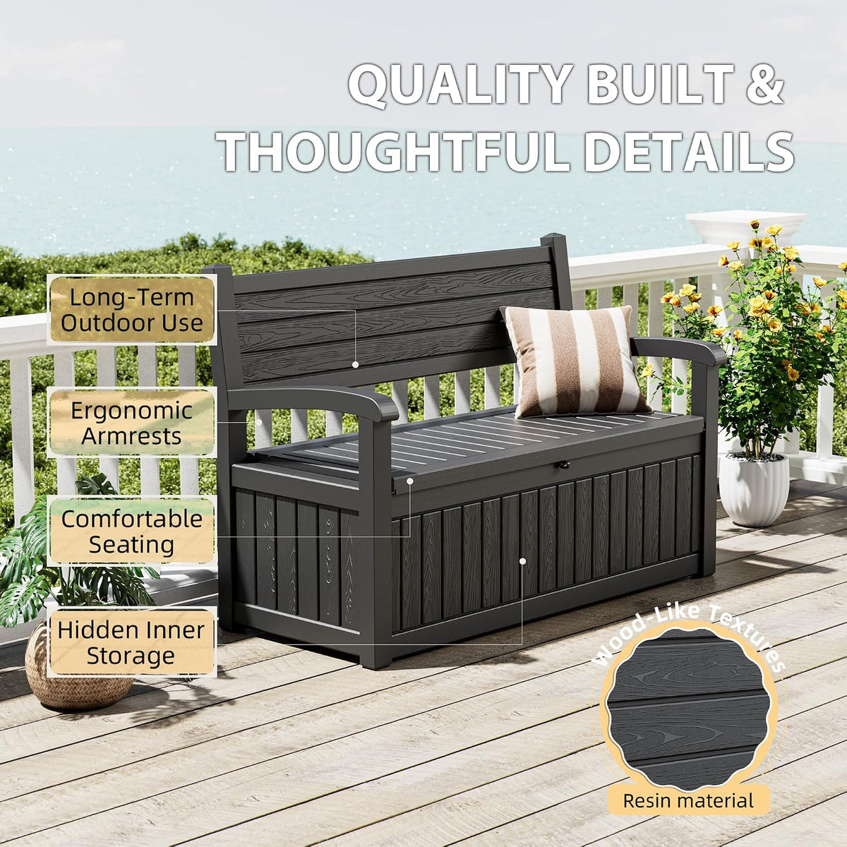 80 gallon lockable deck bench with storage, resin, side view