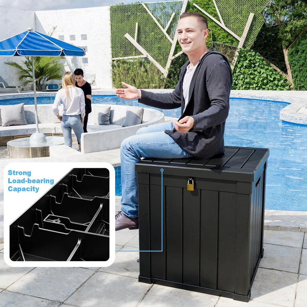 50 gallon waterproof outdoor resin deck box, lockable on a desk or shelf