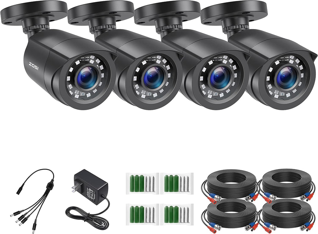 ZOSI 4 Pack 2MP 1080p HD-TVI Home Security Camera Outdoor Indoor 1920TVL,24PCS LEDs,80ft Night Vision, 90°View Angle, Weatherproof Outside Surveillance CCTV Bullet Camera(Black)