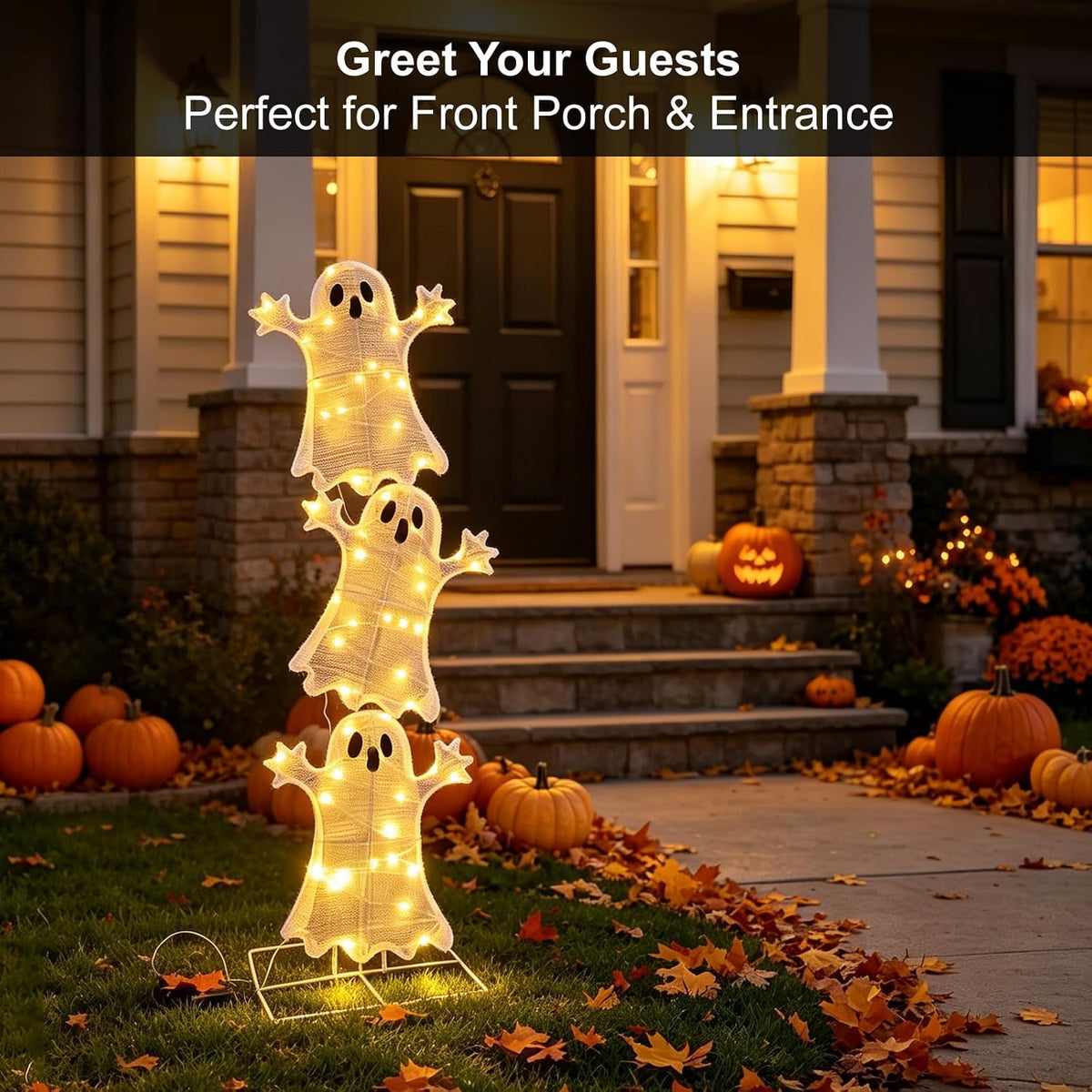 Halloween Decorations Lighted 3 Stacked Ghosts, Freestanding LED Ghost Yard Sign with Timer Battery Operated, Warm White Light Up Ghost Decor for Porch Lawn Garden Indoor Outdoor Holiday Display