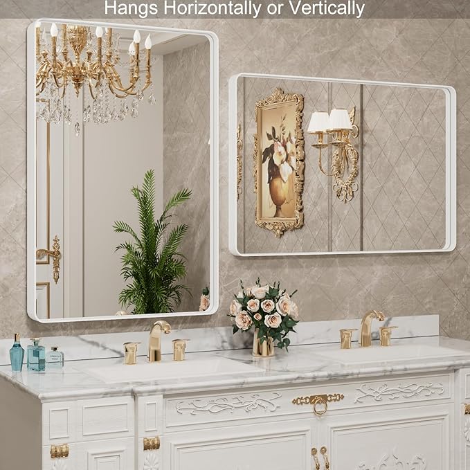 LOAAO 40x30 Inch White Metal Framed Bathroom Mirror