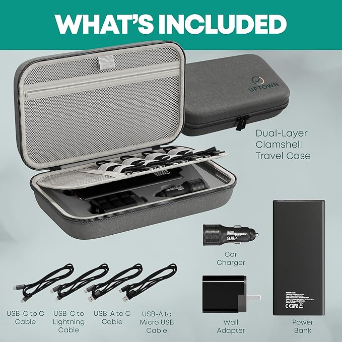 Uptown 7- Piece Travel Charging Tech Bundle – 10, 000mAh Portable Charger