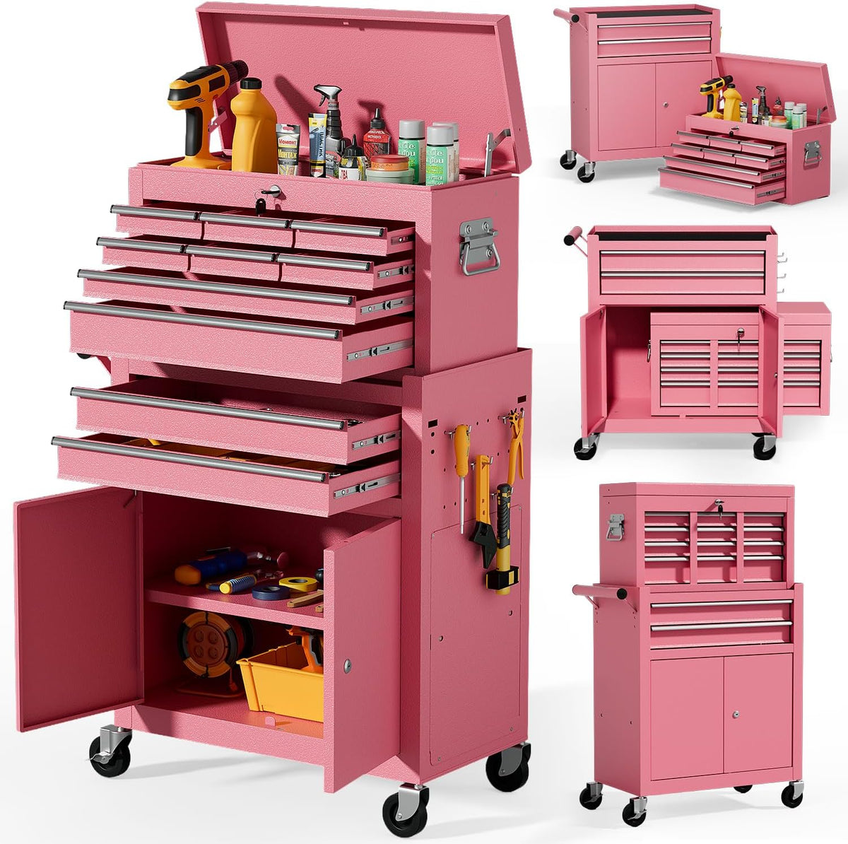 10-Drawer Rolling Tool Chest with wheels, Lockable 2-in-1 Tool Box
