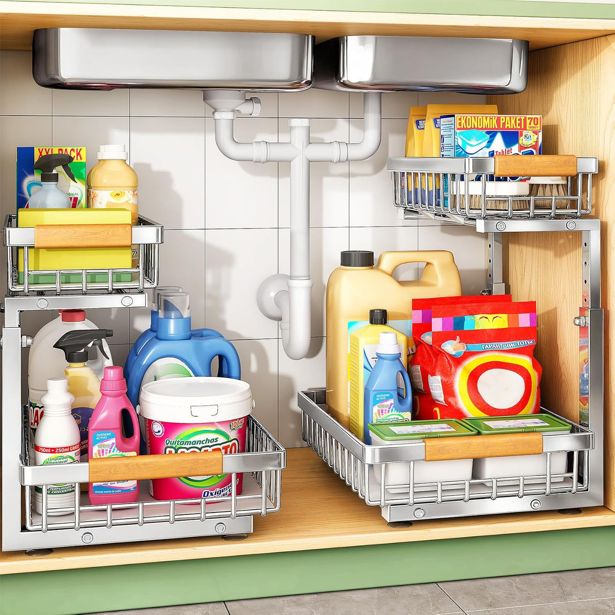 Under Sink Organizer, Stainless Steel 2 Packs 2 Tier Under Sink Organizers and