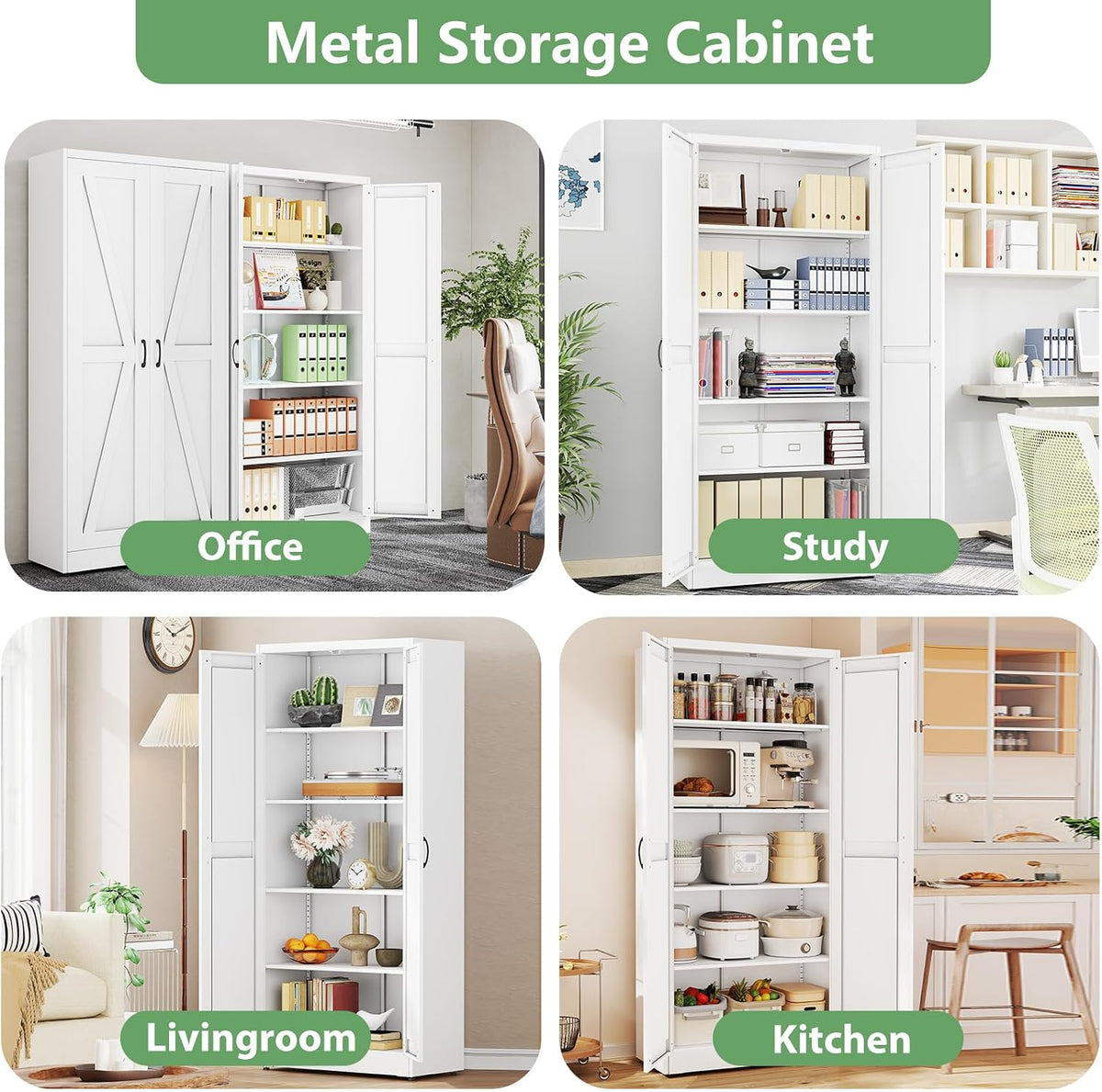 ckzbx white metal cabinets with doors and shelves, close-up detail
